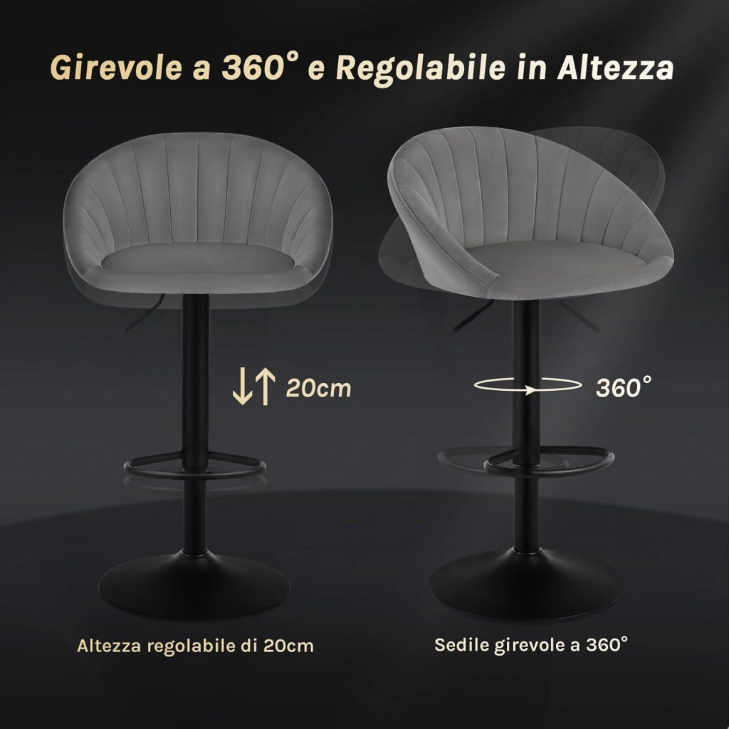 Sgabelli da Cucina Set di 2, Sgabelli da Bar Girevoli Altezza Regolabile con Schienale e Poggiapiedi, Velluto