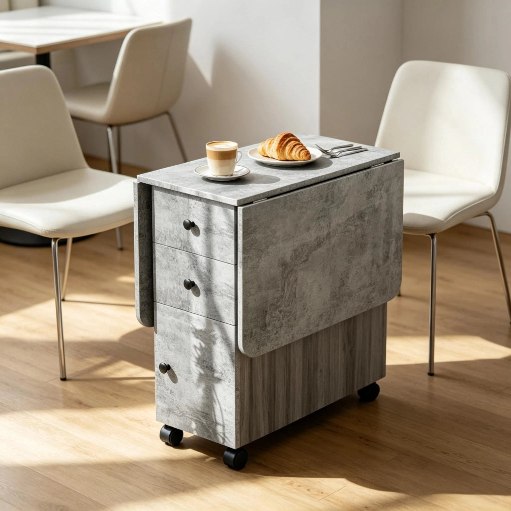 Tavolo da pranzo per 6 persone pieghevole con cassetti e 6 ruote in truciolare grigio per cucina e soggiorno
