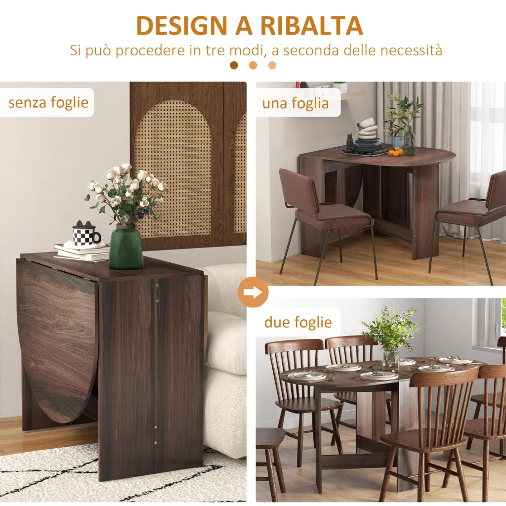 Tavolo Pieghevole Salvaspazio con 2 Ribalte Ovale 163x80x75 cm in Legno Marrone