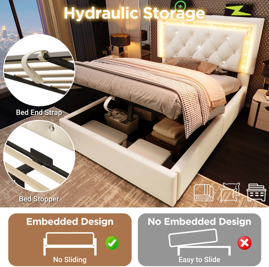 Letto 90x200 cm in velluto beige con LED; USB Type-C; contenitore e materasso