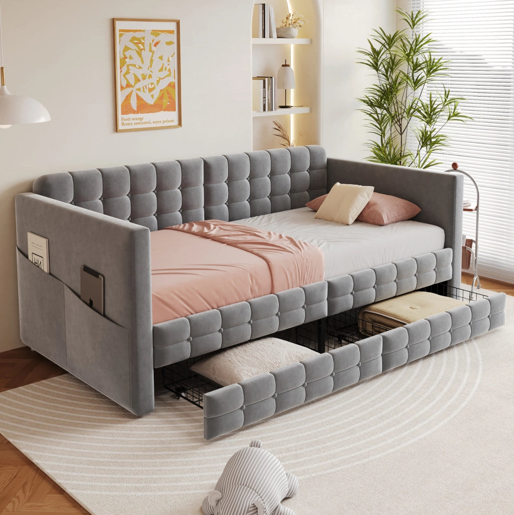 Letto imbottito 90x190 cm con testiera capitonn茅; tasche laterali e 2 cassetti; velluto grigio