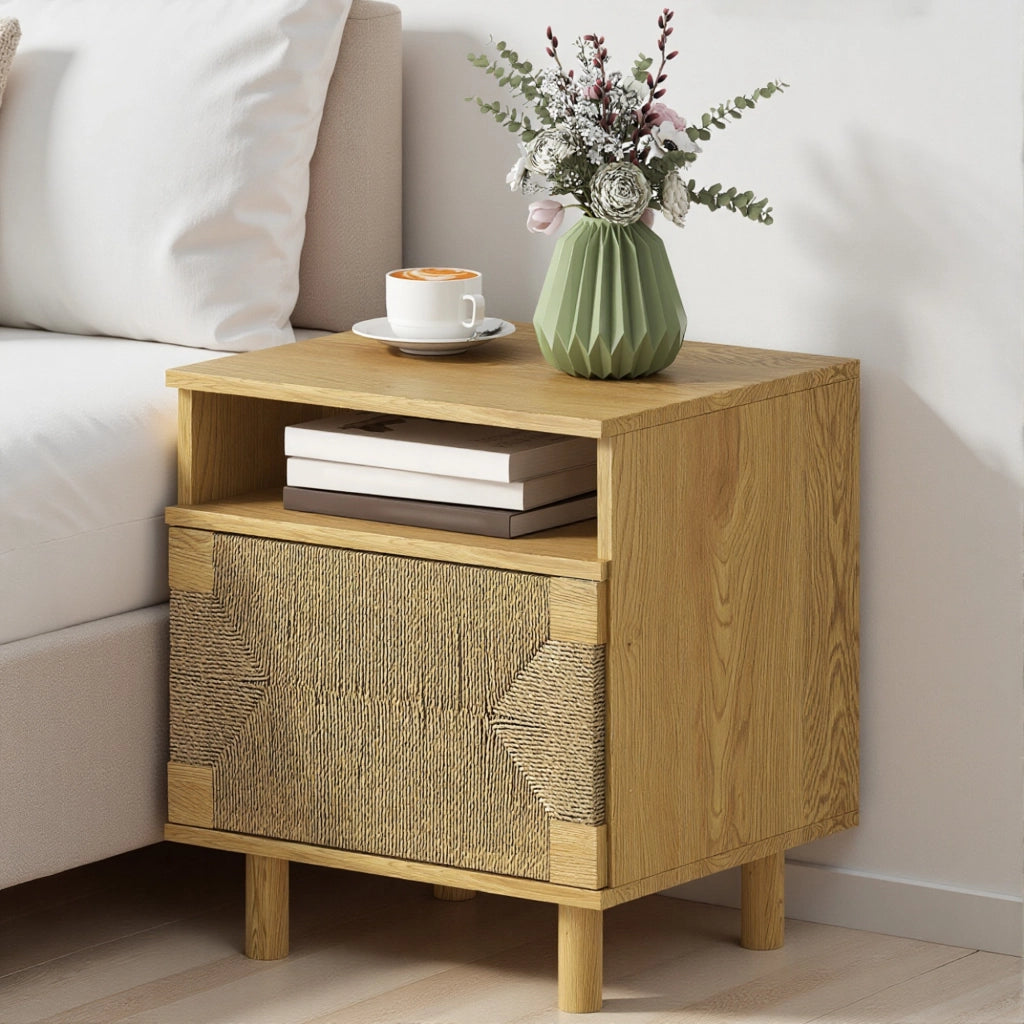 Comodino Bohemio con Porta in Carta Corda e Ripiano Aperto ¨C zephmum ¨C 45x39x50 cm Roble