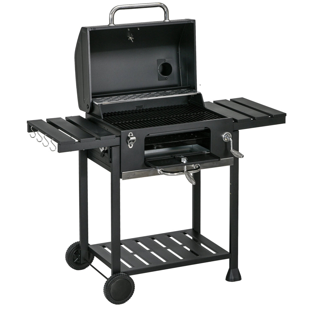 Barbecue a Carbone Griglia Regolabile con Coperchio Ruote e Tavolini Nero