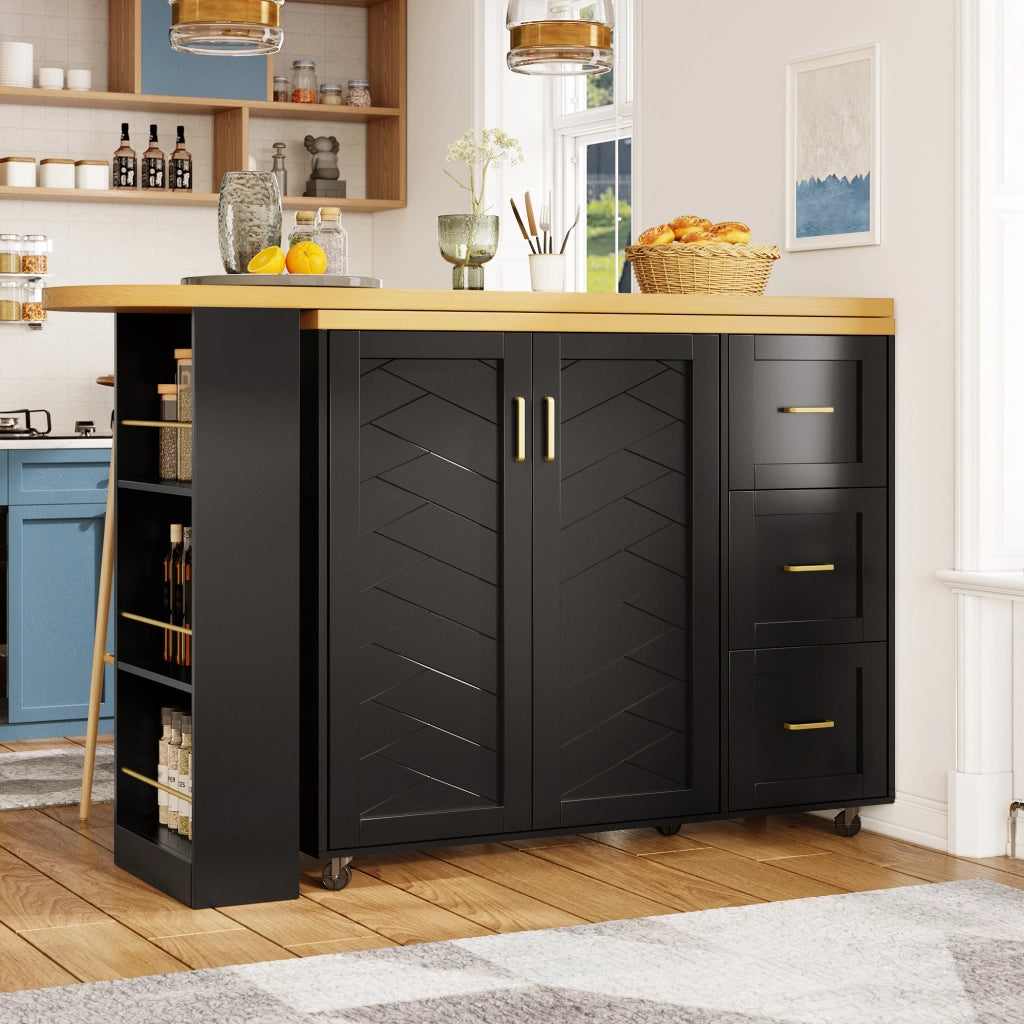 Carrello Bar Allungabile con 2 Ante e 3 Cassetti ¨C MINIMAL ¨C Bianco/Nero, Piano in Legno, 135-228x39x104 cm