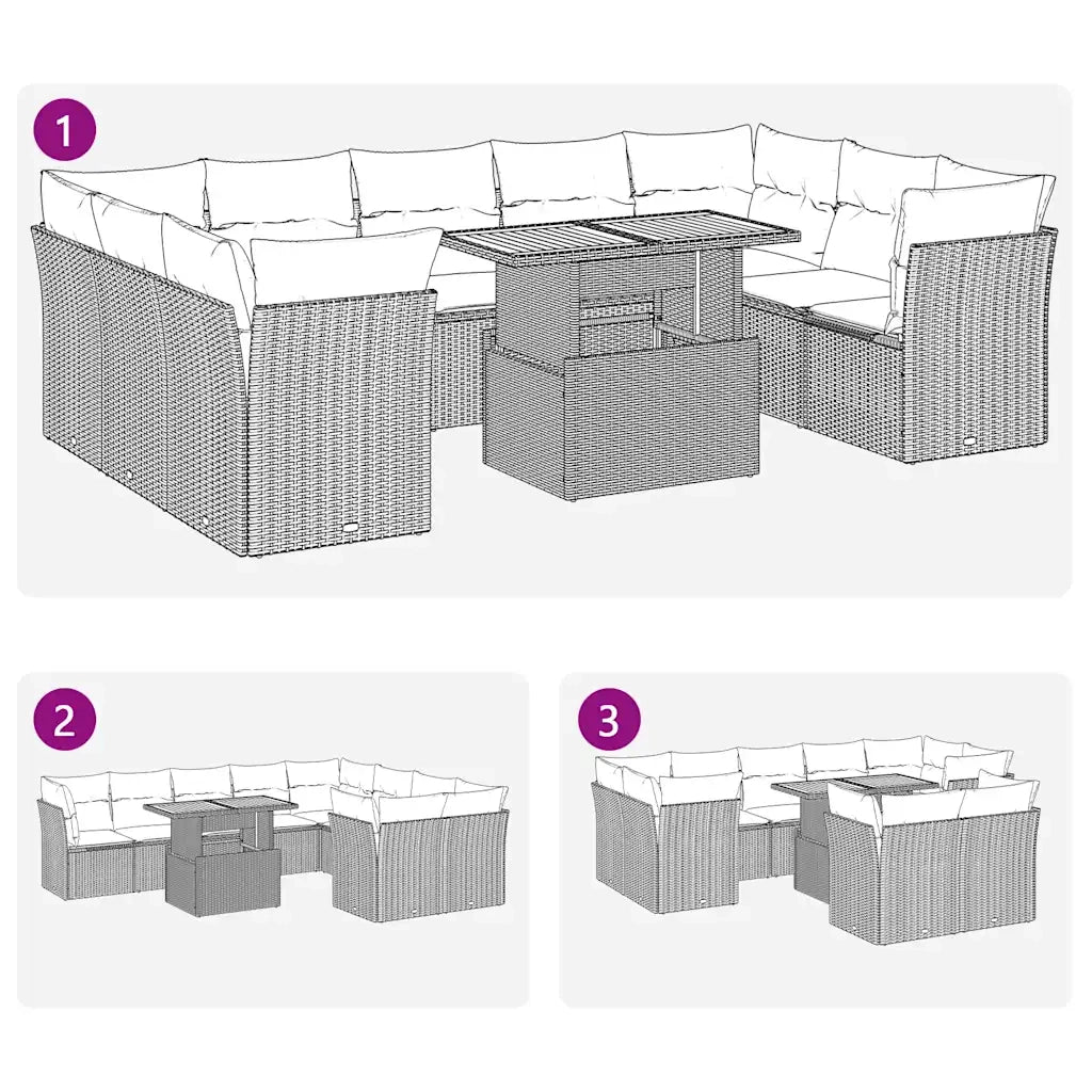 Set Divani da Giardino 10pz con Cuscini in Polyrattan Nero