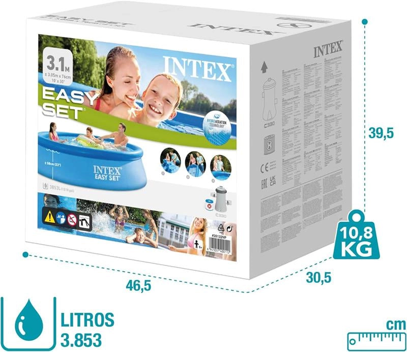 INTEX 28122NP – PISCINA FUORI TERRA EASY SET ROTONDA, POMPA FILTRO 1250 L/H, 3853 L, PVC, AZZURRO, 305X76 CM