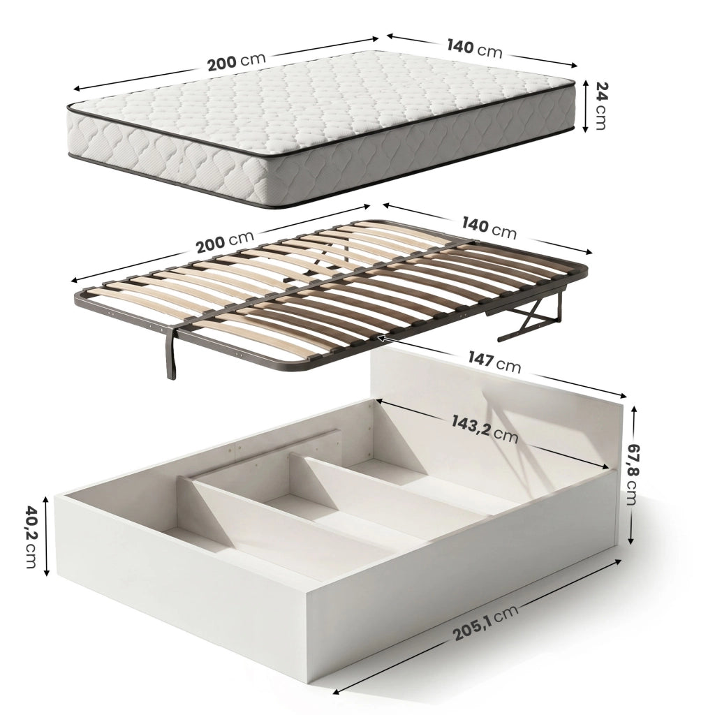 Letto con contenitore 140x200 cm rete sollevabile in metallo e materasso a molle Bianco