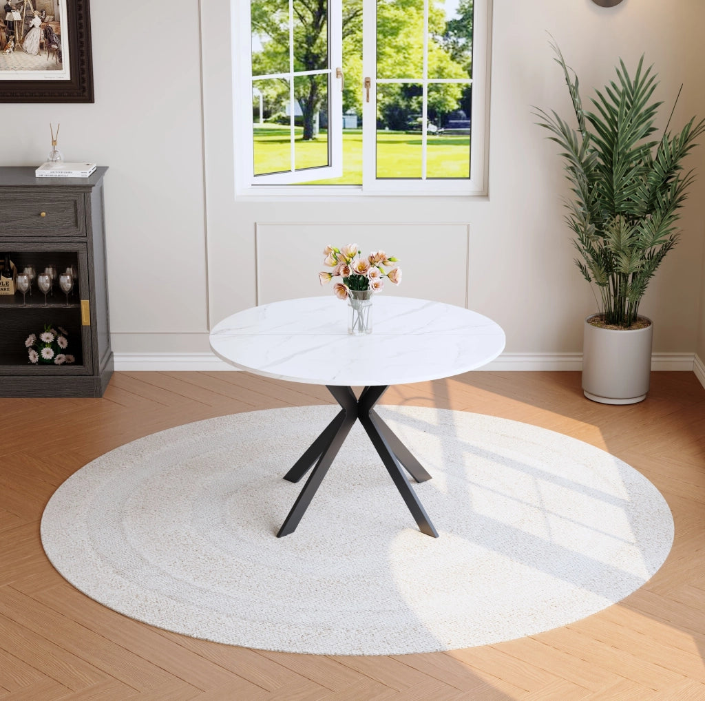 Tavolo da pranzo rotondo 110 cm in MDF effetto marmo bianco con gambe nere in metallo
