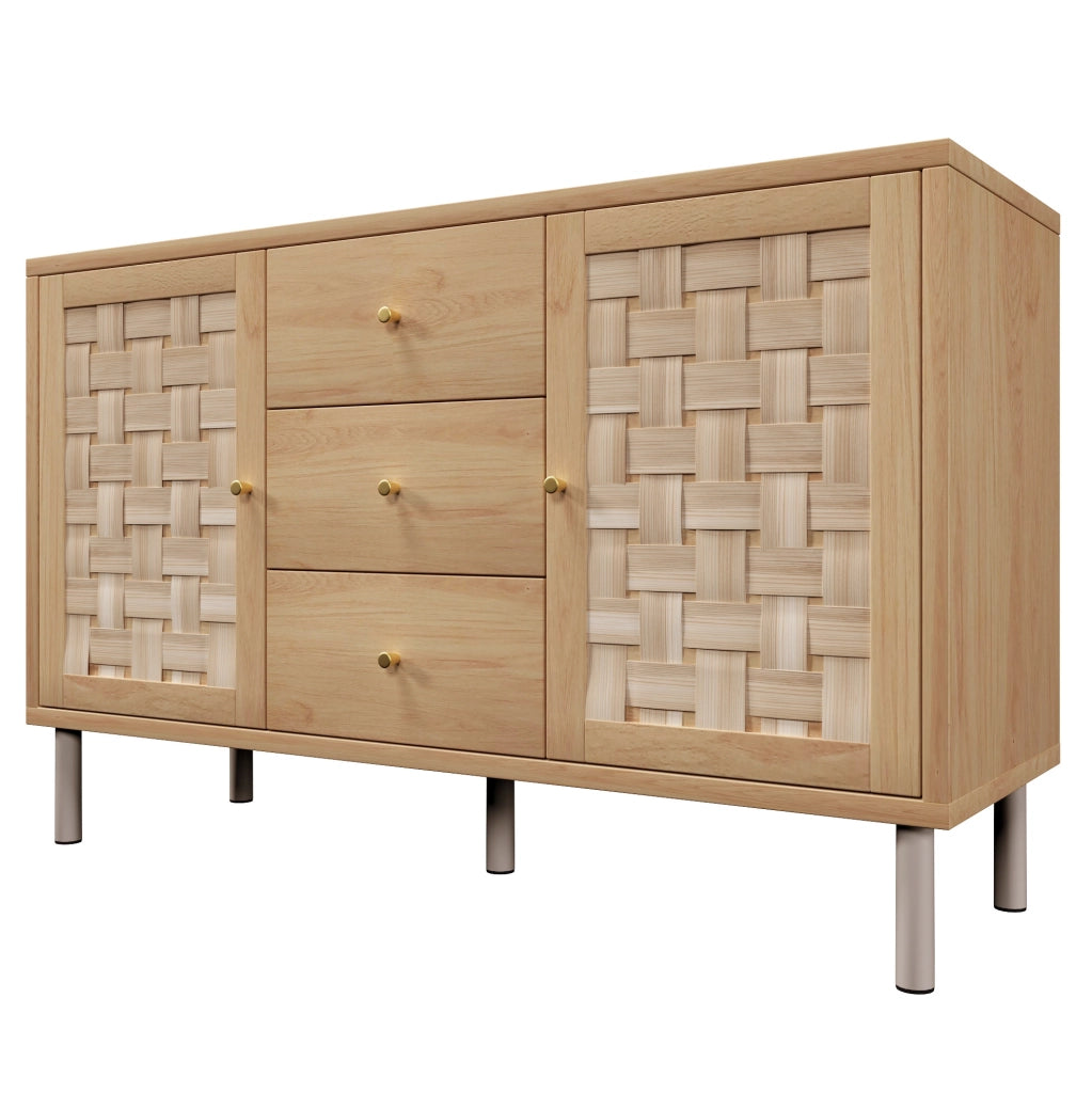 Credenza 120x40x75 cm con 2 ante; 3 cassetti e ripiani regolabili in legno naturale