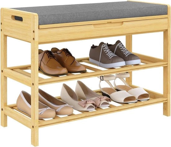 Banco per Scarpe in Bambù - Ripristino Scarpe - Banco di Ingresso - Rivestimento a Schiuma - 68cm x 50cm x 30cm