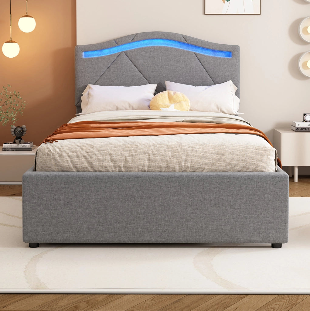 Letto imbottito 90x200 cm con LED; cassetti e testiera regolabile in lino grigio