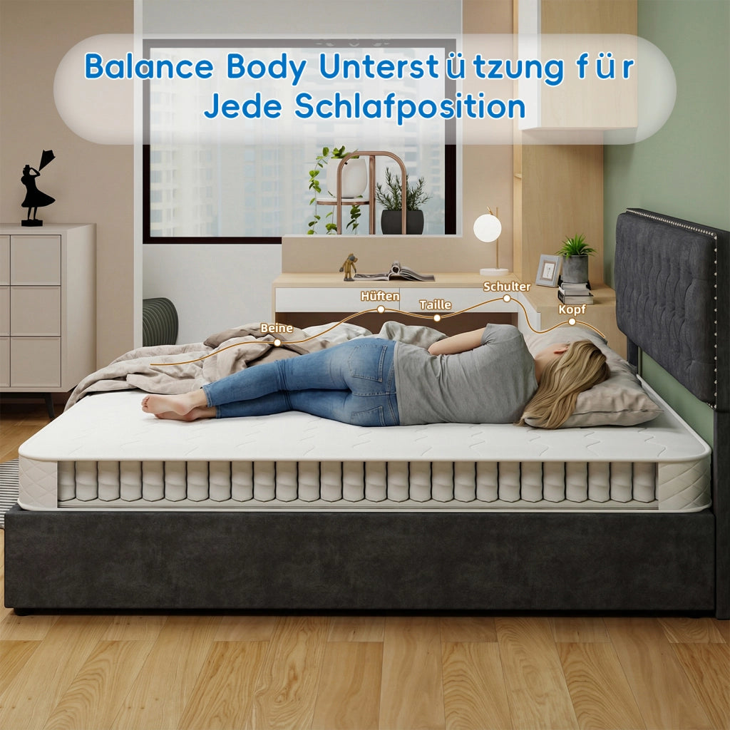 Materasso matrimoniale 160 × 200 cm in schiuma viscoelastica con molle insacchettate, traspirante, bianco
