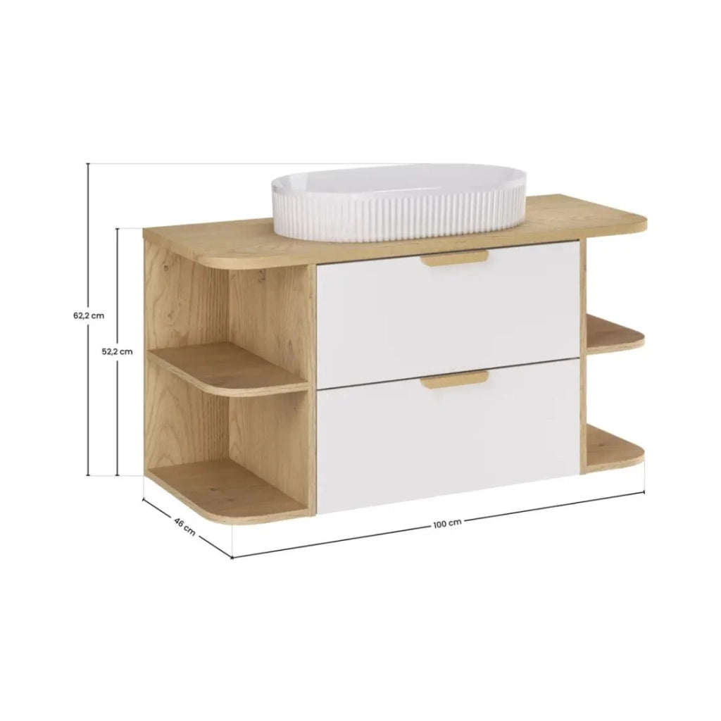 Set OSTER 100cm: mobile sottolavabo con cassetti e nicchie a vista + piano per lavabo + lavabo da appoggio bianco