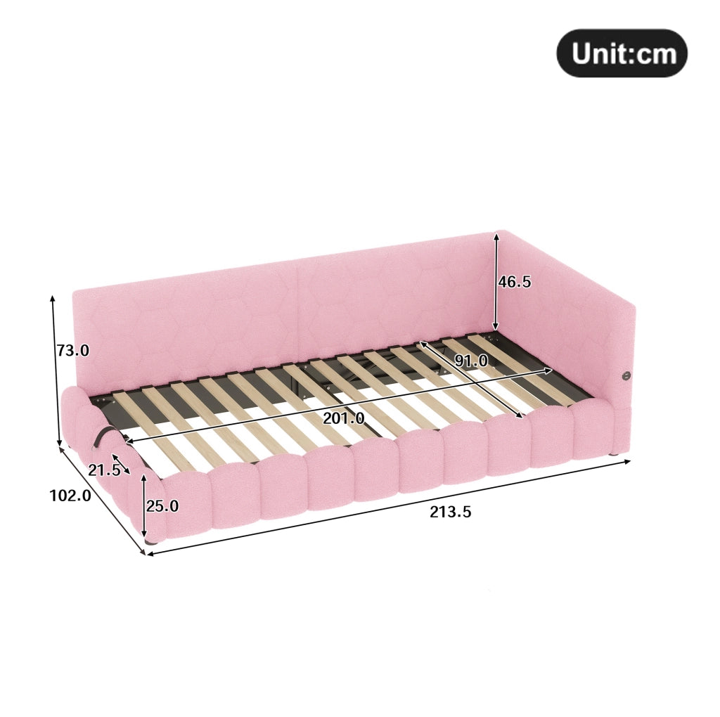 Letto da giorno 90 x 200 cm con vano idraulico; LED; USB e Type-C; velluto rosa