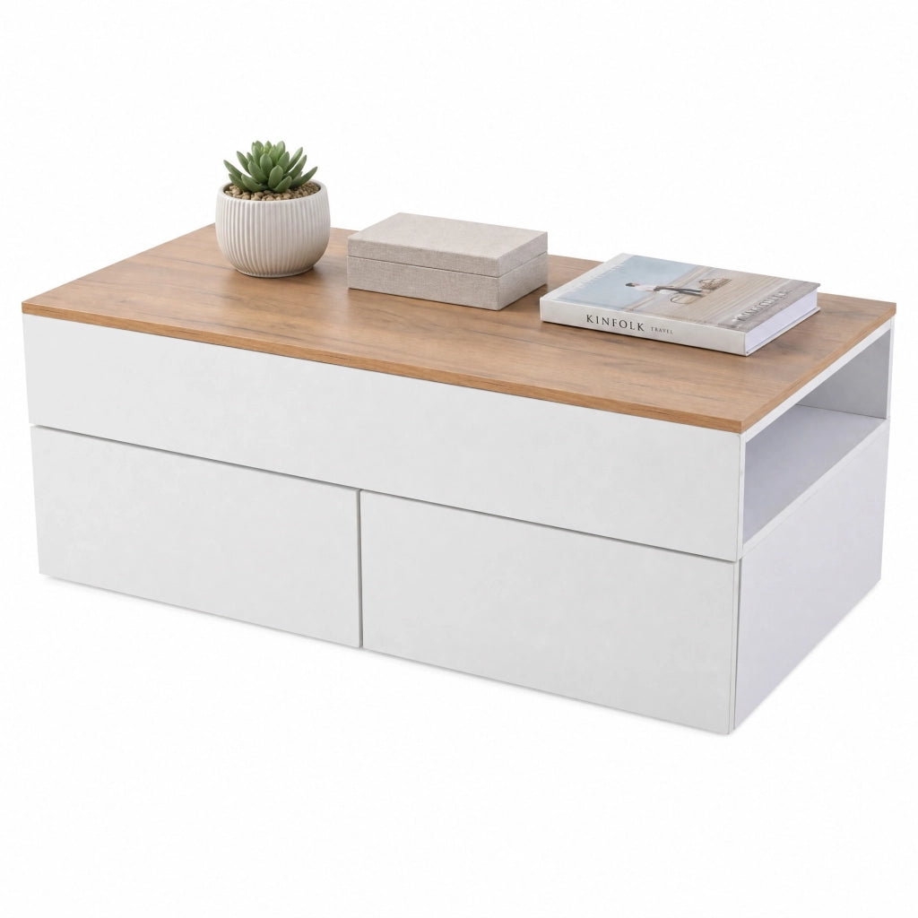 Tavolino da soggiorno sollevabile 100x50x40 cm in truciolare bianco con 2 cassetti