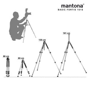 Mantona Basic Fortis 161S Treppiede fotografico - treppiede in alluminio senza testa a sfera, altezza da 35 a 161 cm, capacità di carico 10 kg, peso 3,02 kg, stabile e funzionale, con borsa