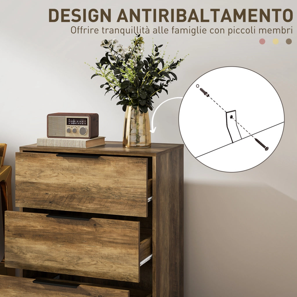 Cassettiera 3 Cassetti Antiribaltamento 62x35x82 cm in Legno e Metallo Marrone Scuro