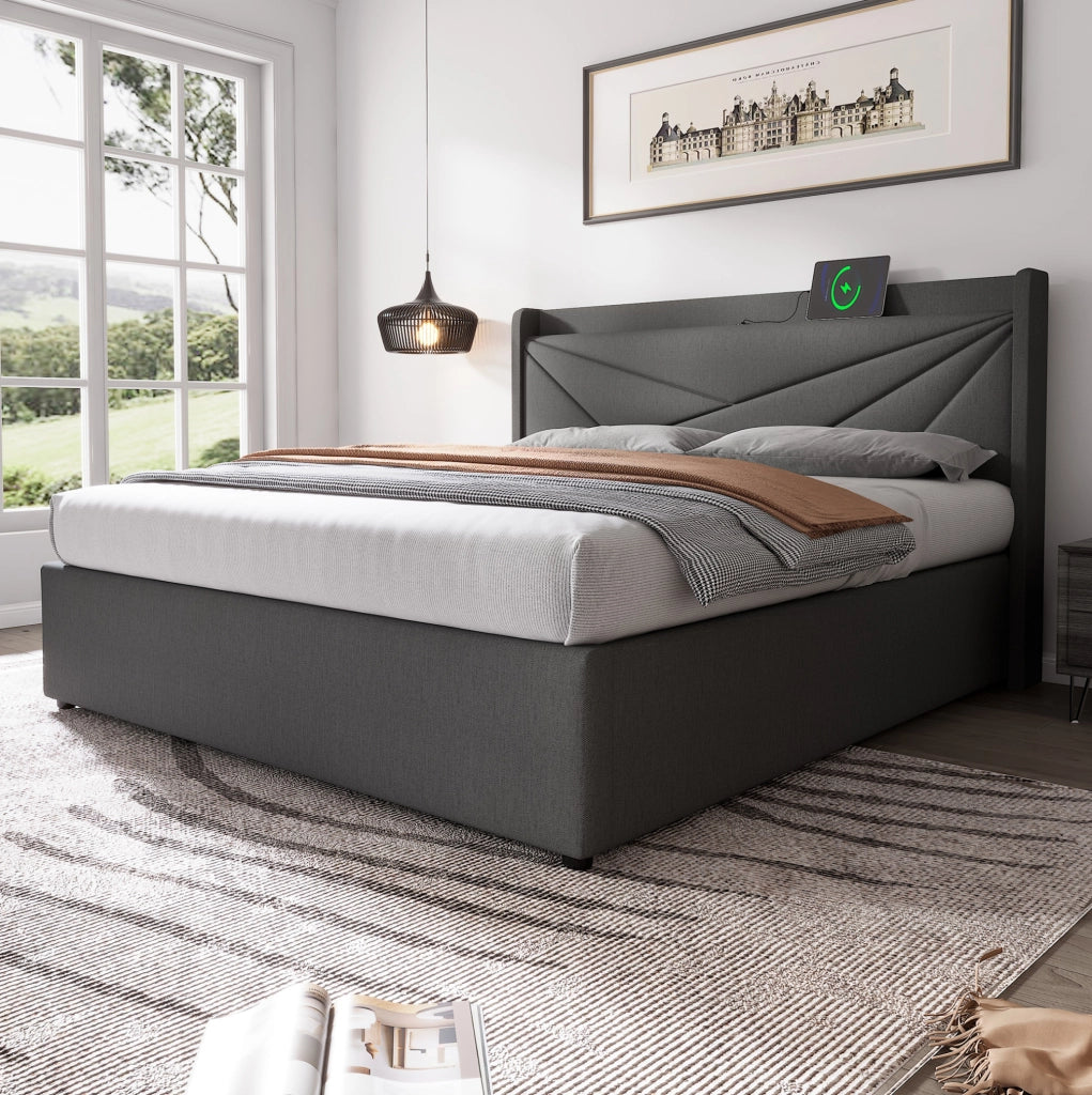 Letto matrimoniale imbottito con contenitore, USB e USB-C, 160x200 cm