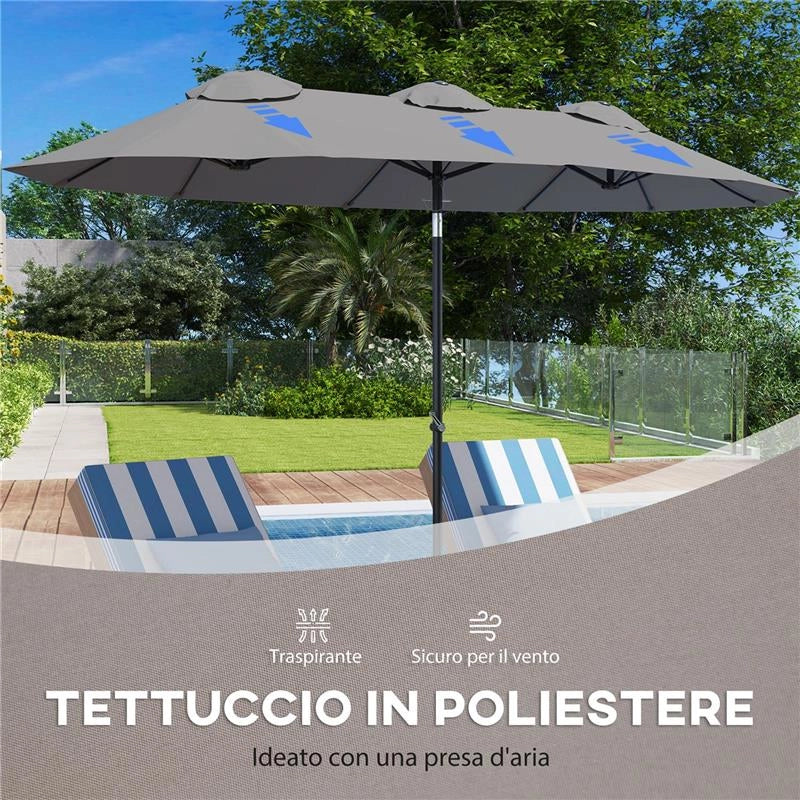 OMBRELLONE DOPPIO INCLINABILE A 45° CON MANOVELLA E PRESE D'ARIA IN ACCIAIO E POLIESTERE 285X147X227 CM GRIGIO