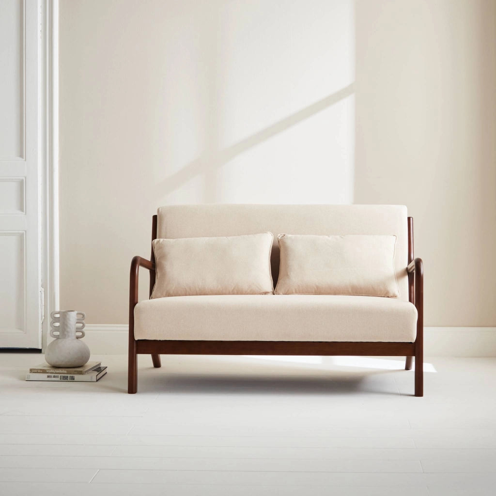 Panca stile scandinavo in legno di hevea e tessuto, 2 posti, beige