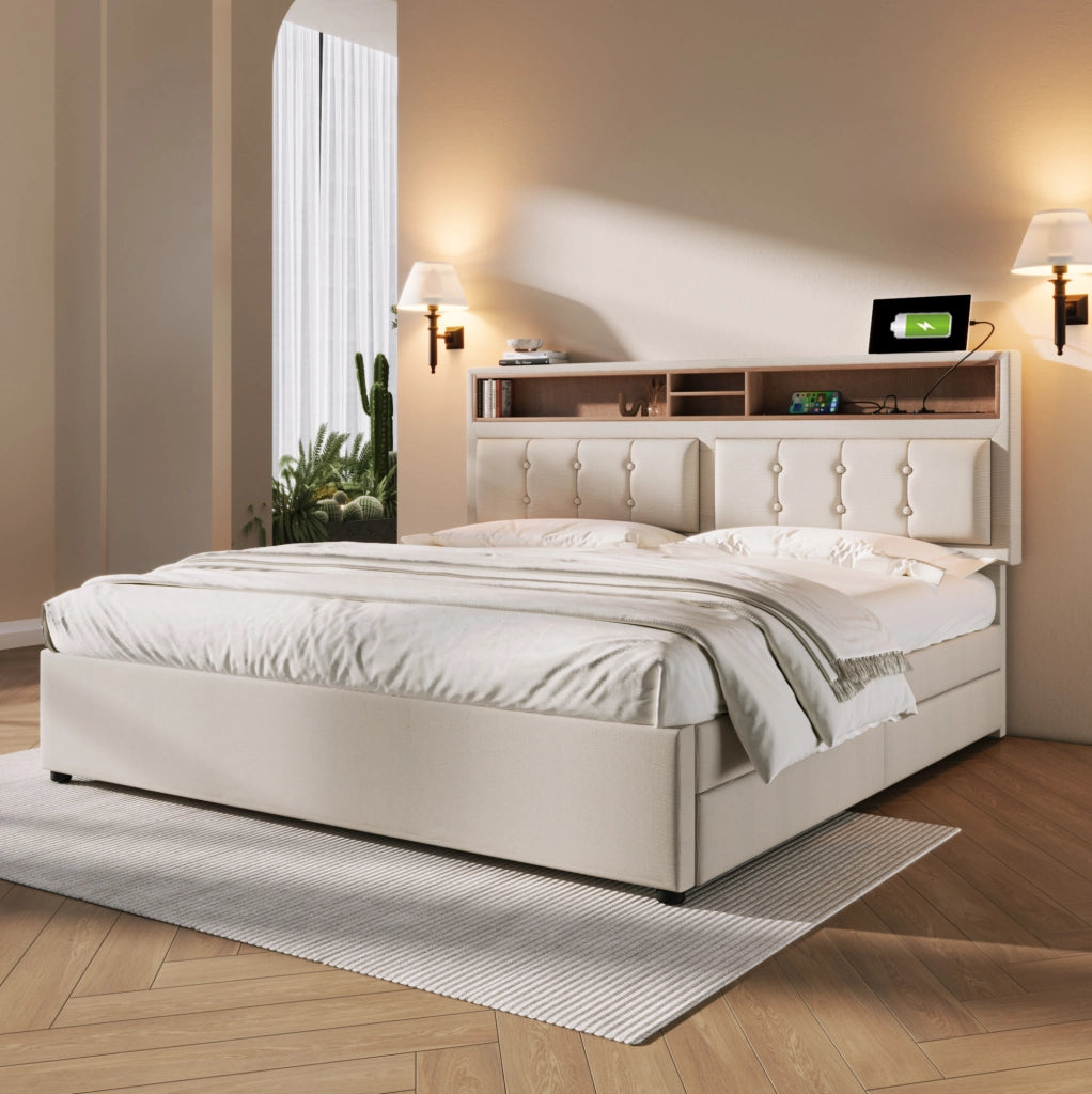 Letto imbottito 140x200 cm con 4 cassetti e prese USB-C