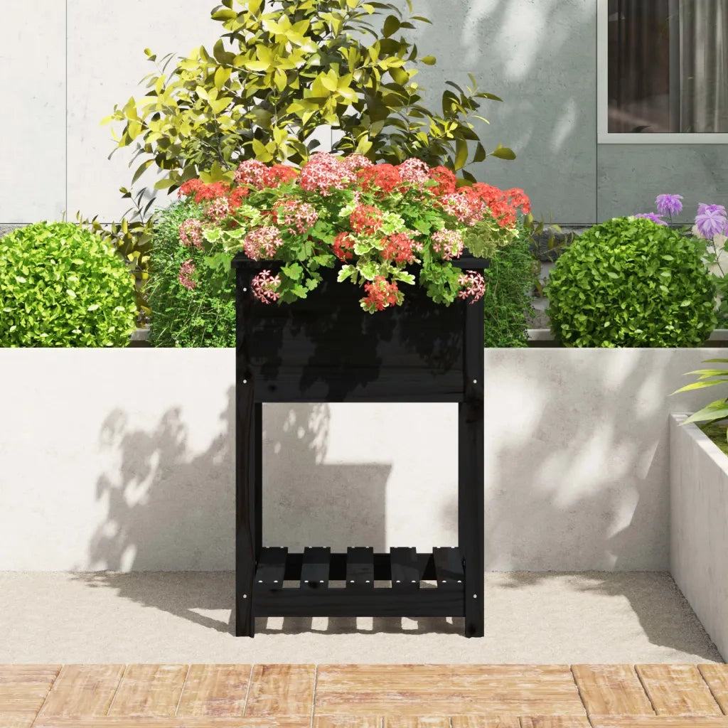 Fioriera con Mensola Nera 54x54x81 cm in Legno Massello di Pino 823777