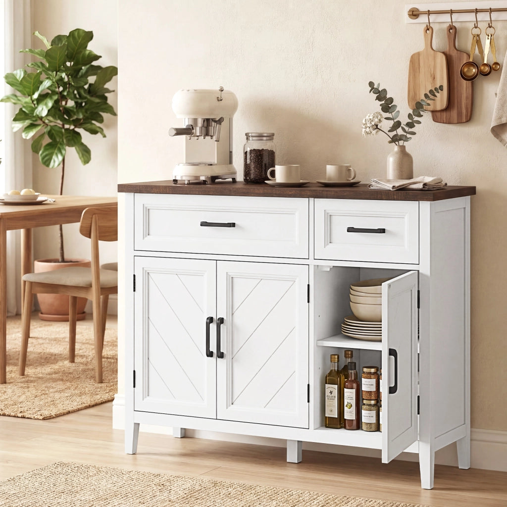 Credenza Cucina con Ante, Cassetti e Ripiani Regolabili ¨C zephmum ¨C Bianco, Legno