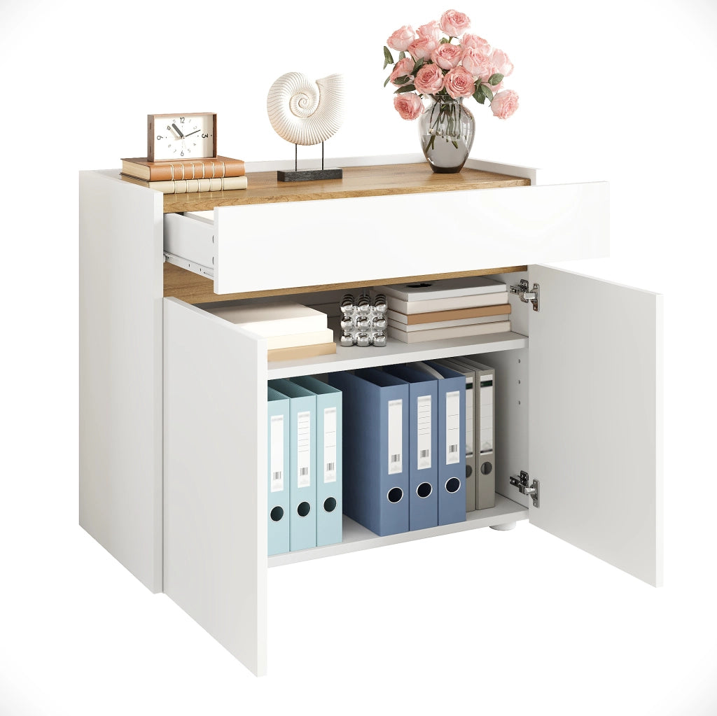 Mobile contenitore 80x40x70 cm con ripiani regolabili; cassetto e 2 vani; bianco