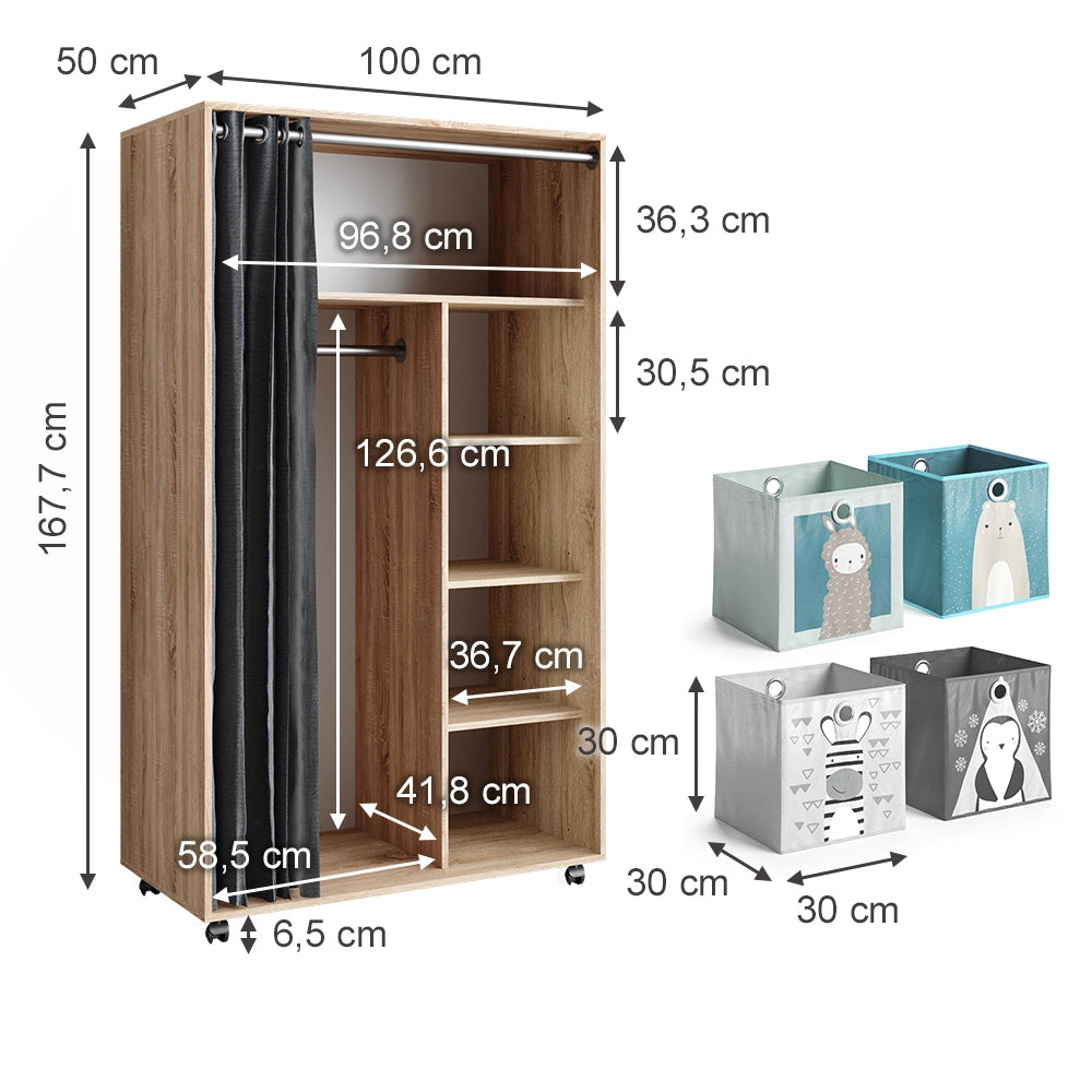 Vicco Armadio multifunzione Sonoma 100 x 168 cm aperto, con rotelle