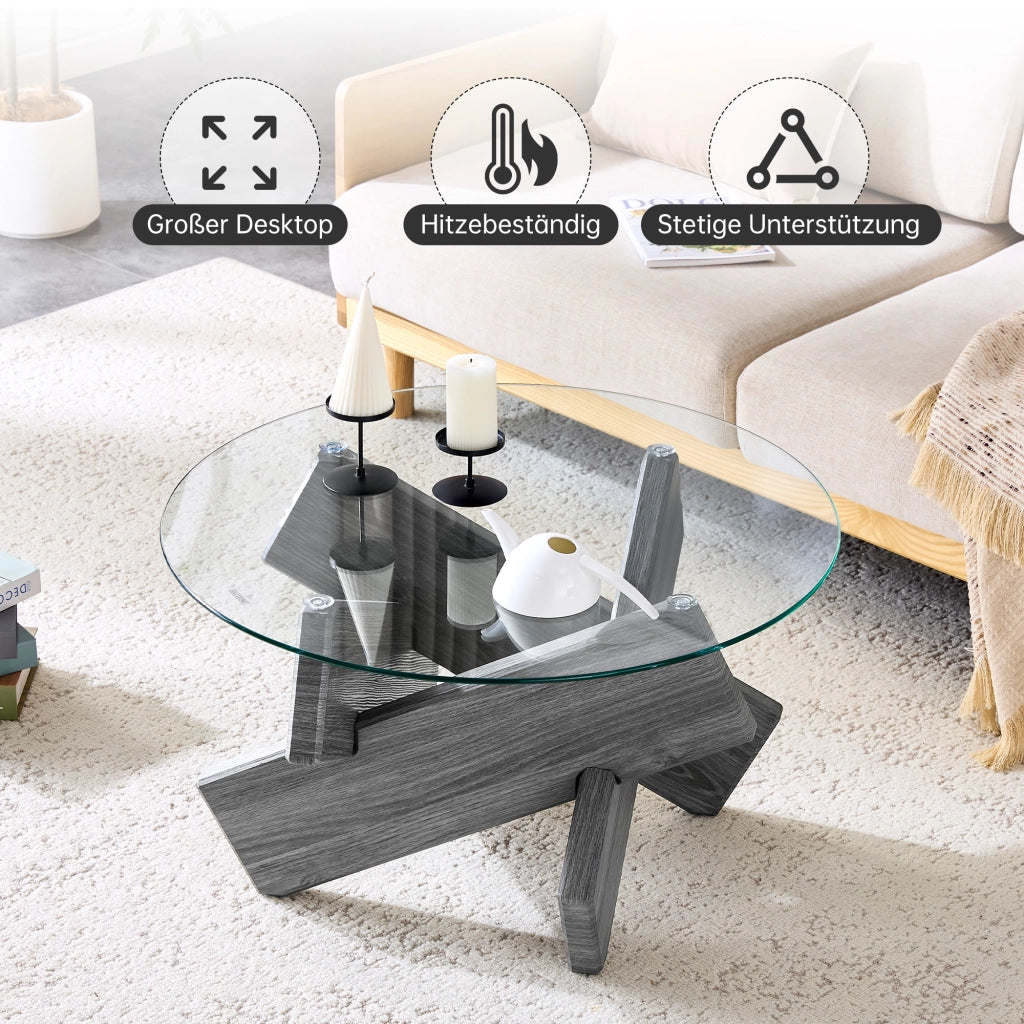 Tavolino da caffè con base a croce e piano in vetro - per soggiorno - in MDF e vetro - 79 x 45 cm - grigio e trasparente