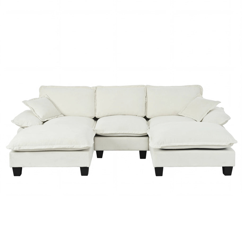 Divano panoramico a U modulare con pouf mobili e cuscini in chenille per soggiorno e appartamento beige