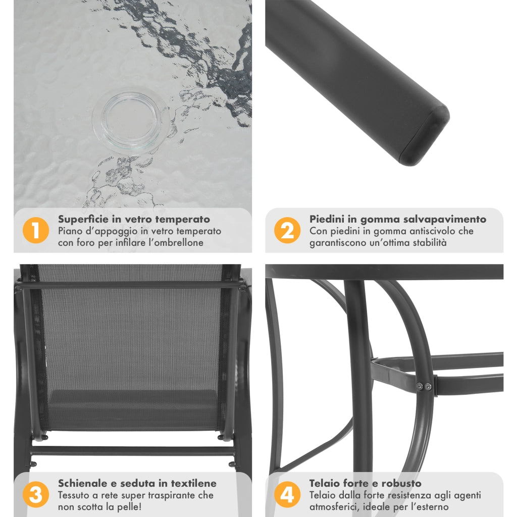 Set Tavolo Sedie Da Giardino 7 Pezzi, Tavolo Da Pranzo Terrazzo In Metallo Piano In Vetro Con Foro  Ombrellone 6 Sedia Da Esterno Impilabili Con Schienale Alto,Veranda  Grigio