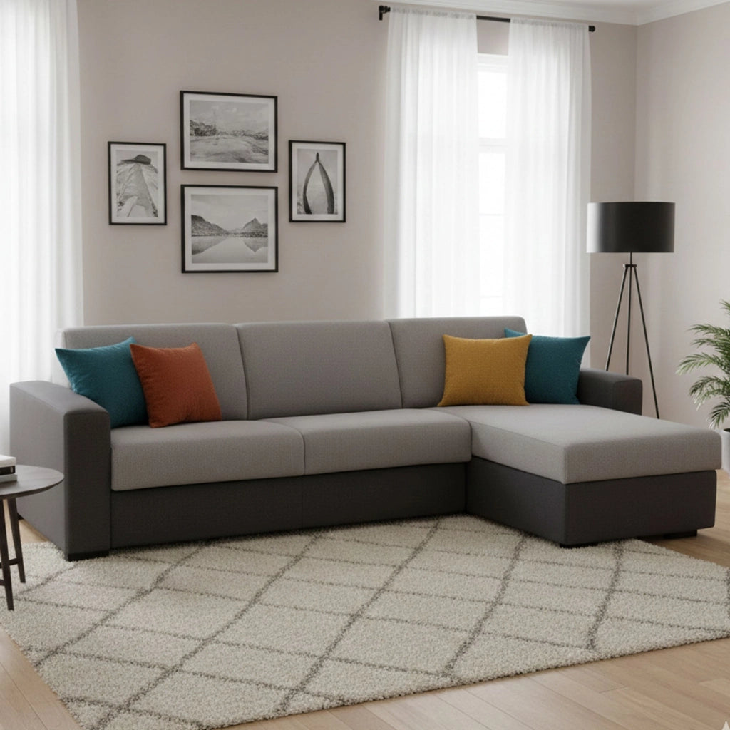 Divano Letto Aika, Divano ad angolo, Made in Italy, SofÒ  con apertura girevole, con Penisola contenitore reversibile, con Braccioli standard, cm 280x95h90, Grigio e Antracite