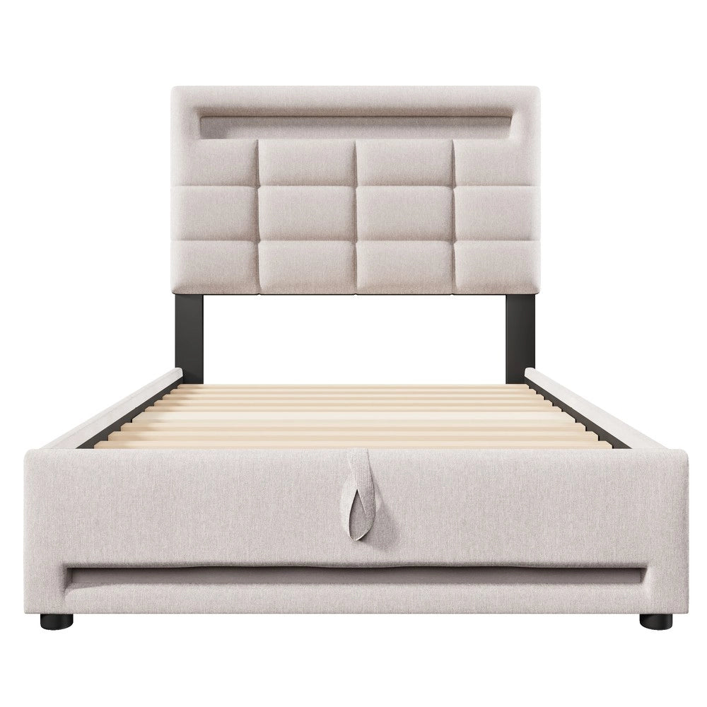 Letto Imbottito con LED e Contenitore Idraulico ¨C MINIMAL ¨C Lino Beige 90x200