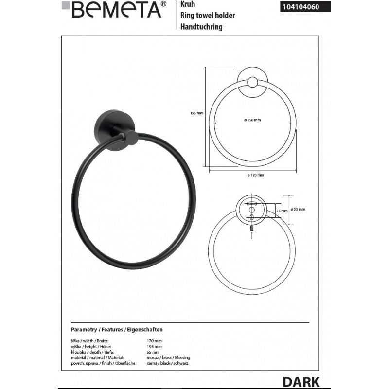 Porta asciugamani ad anello SCURO in ottone nero 17x 19,5 x 5,5 cm / ø15 cm
