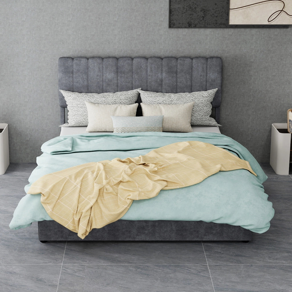 Letto matrimoniale imbottito 140x200 cm in tessuto effetto velluto grigio