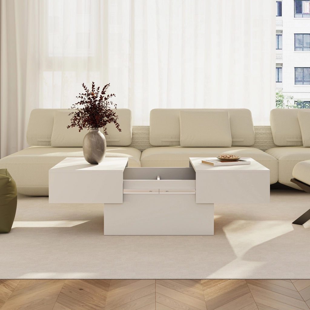 Tavolino Centrale Lens da Salotto con Piano Scorrevole 80 x 60 x 36 cm - Bianco [en.casa]