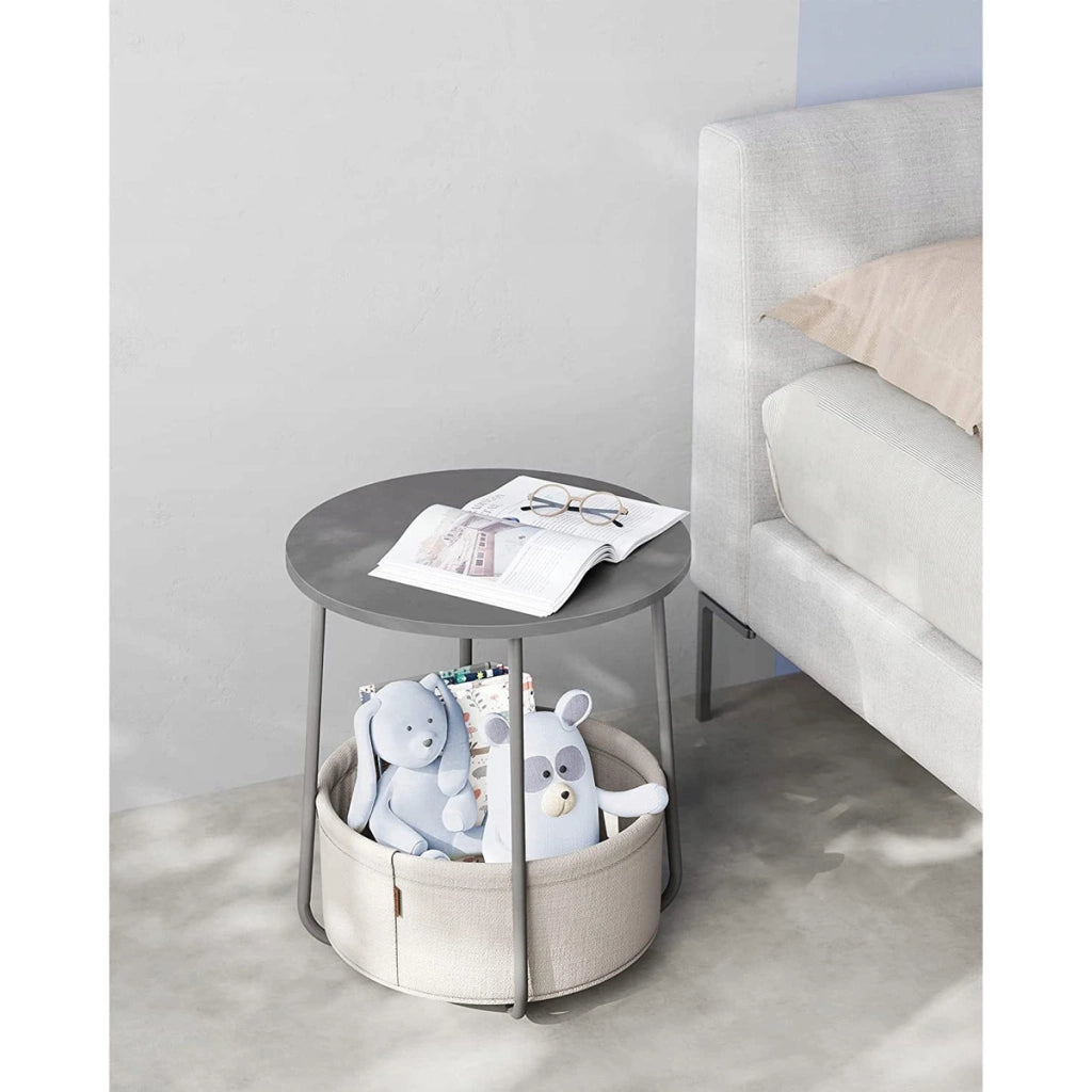 Tavolino rotondo moderno grigio con cesto portaoggetti