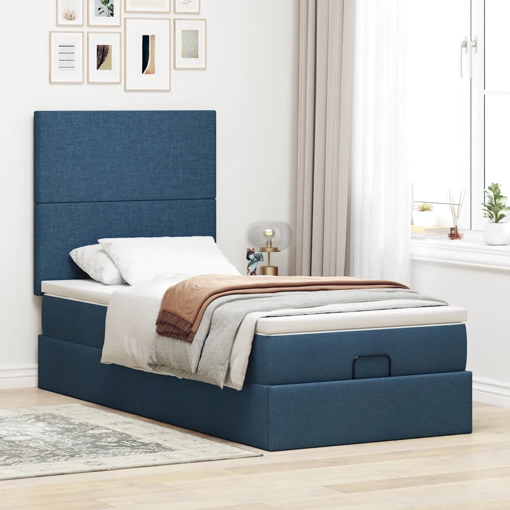 Struttura Letto Pouf con Materasso Blu 90x190 cm in Tessuto
