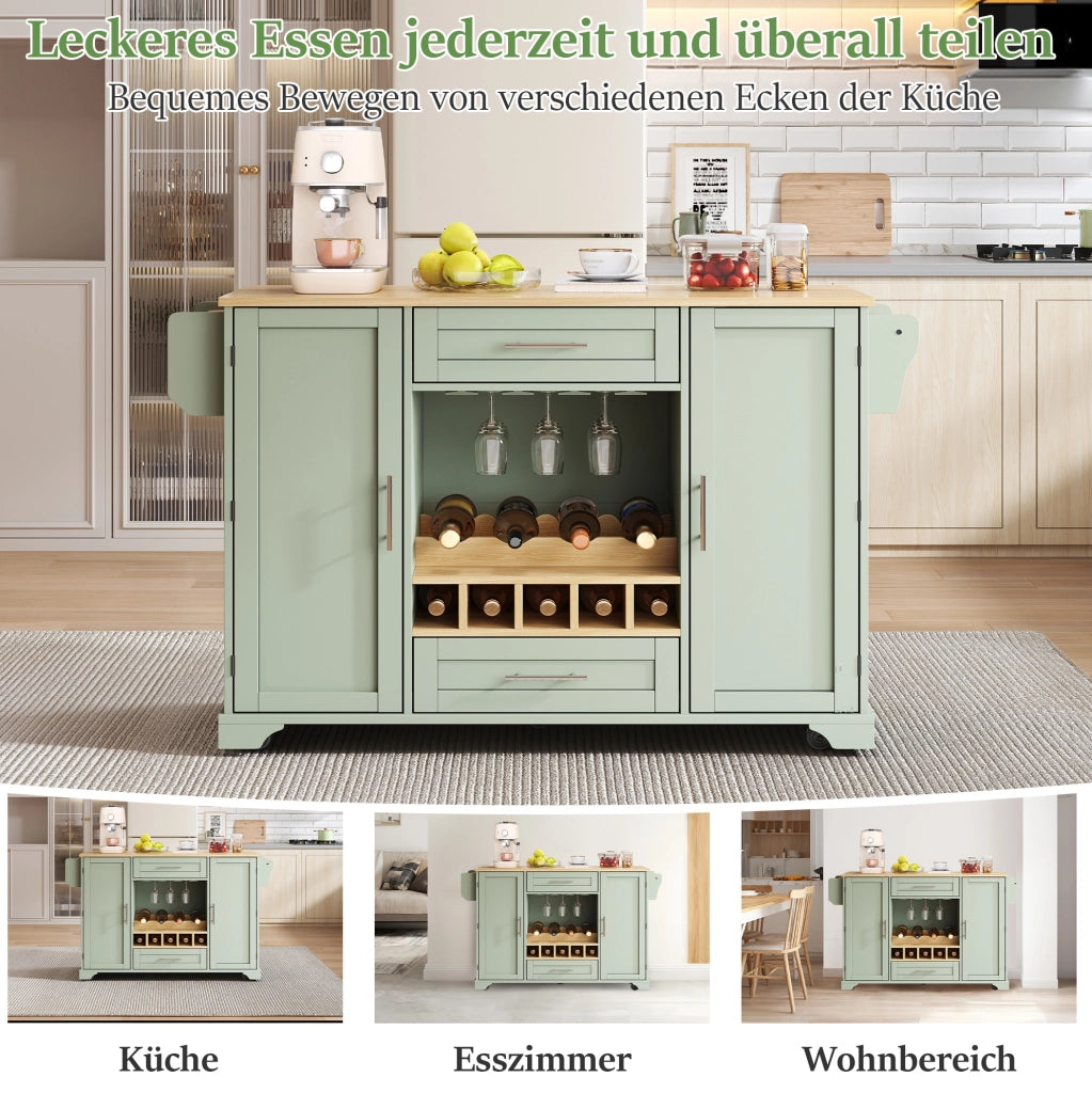 Carrello da cucina verde antico con piano pieghevole e portabottiglie