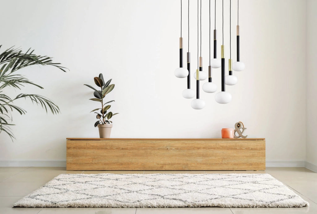 MOSE LAMPADARIO SOSPENSIONE 9 LUCI DIAM.70 METALLO VERNICIATO NERO VETRO BIANCO ATTACCO G9