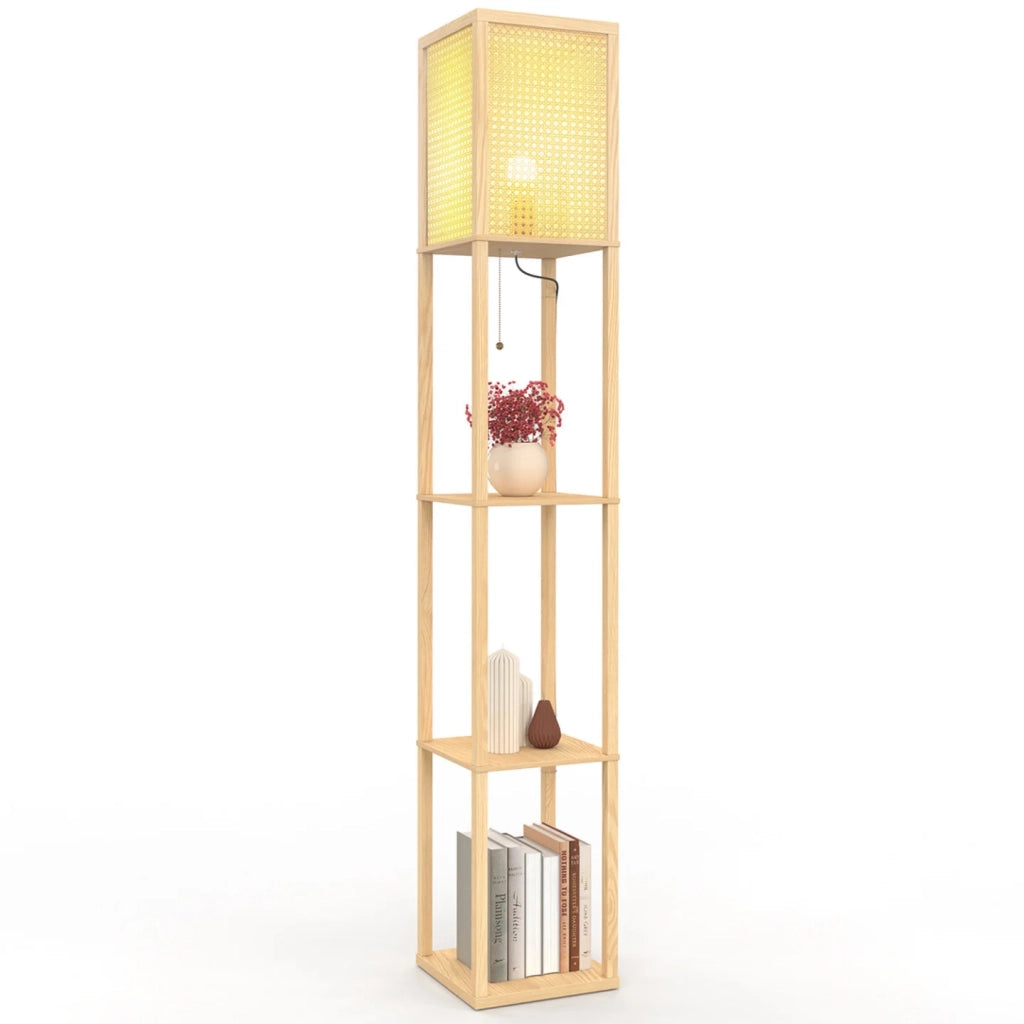 IDMarket - Lampada da terra naturale in legno chiaro con ripiani e paralume quadrato effetto canna da zucchero