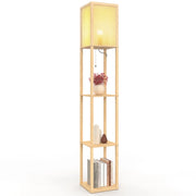 IDMarket - Lampada da terra naturale in legno chiaro con ripiani e paralume quadrato effetto canna da zucchero