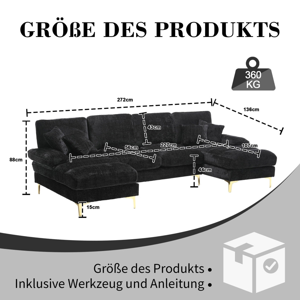 Divano a U 272x136x88 cm con due chaise longue in chenille nero