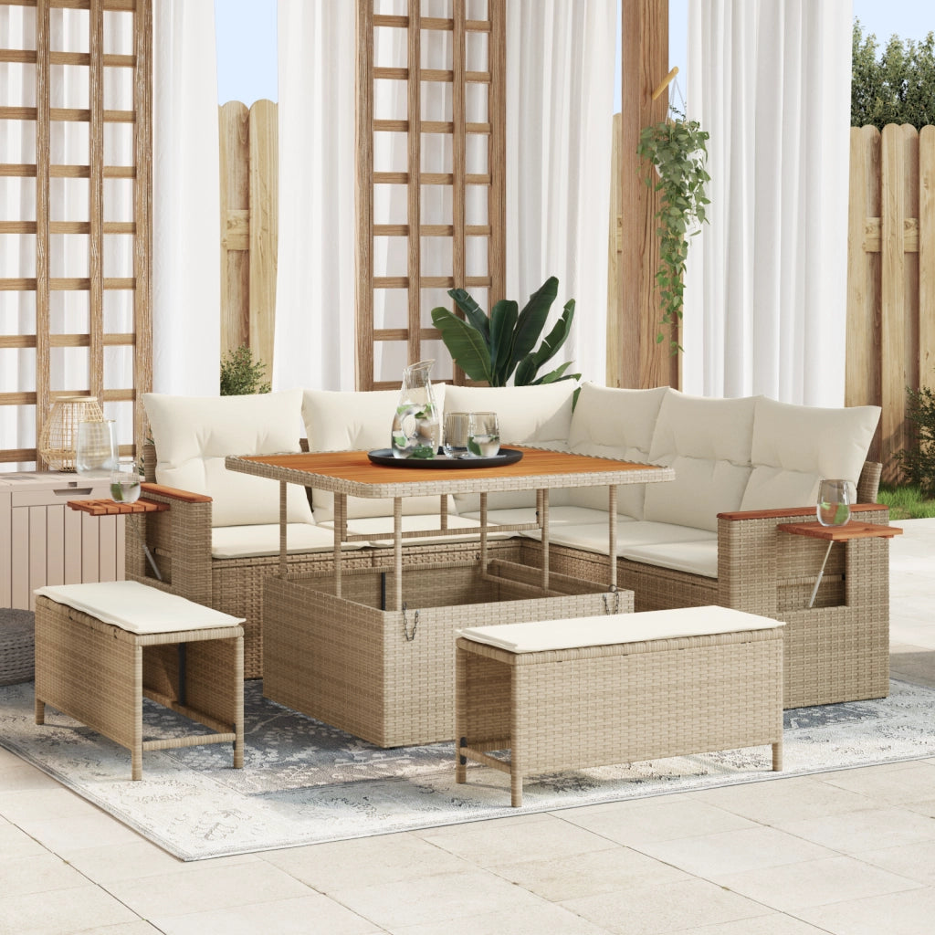 Set Divano Giardino 8 Pezzi con Cuscini Beige Polyrattan Acacia