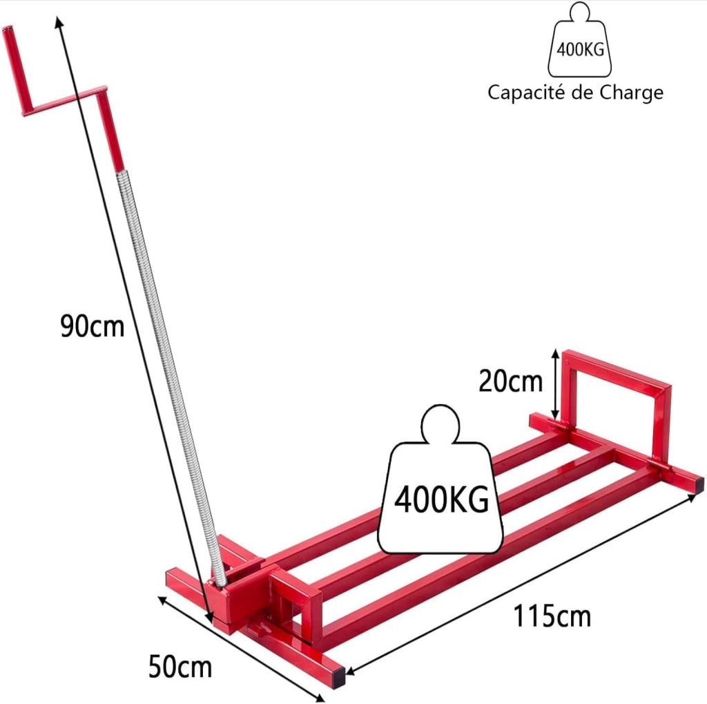Dispositivo di sollevamento per tosaerba, alzacristallo in metallo, 115 x 50 x 20 cm, carico massimo 400 kg, altezza regolabile 11,5-77 cm, angolo di inclinazione fino a 50°, rosso