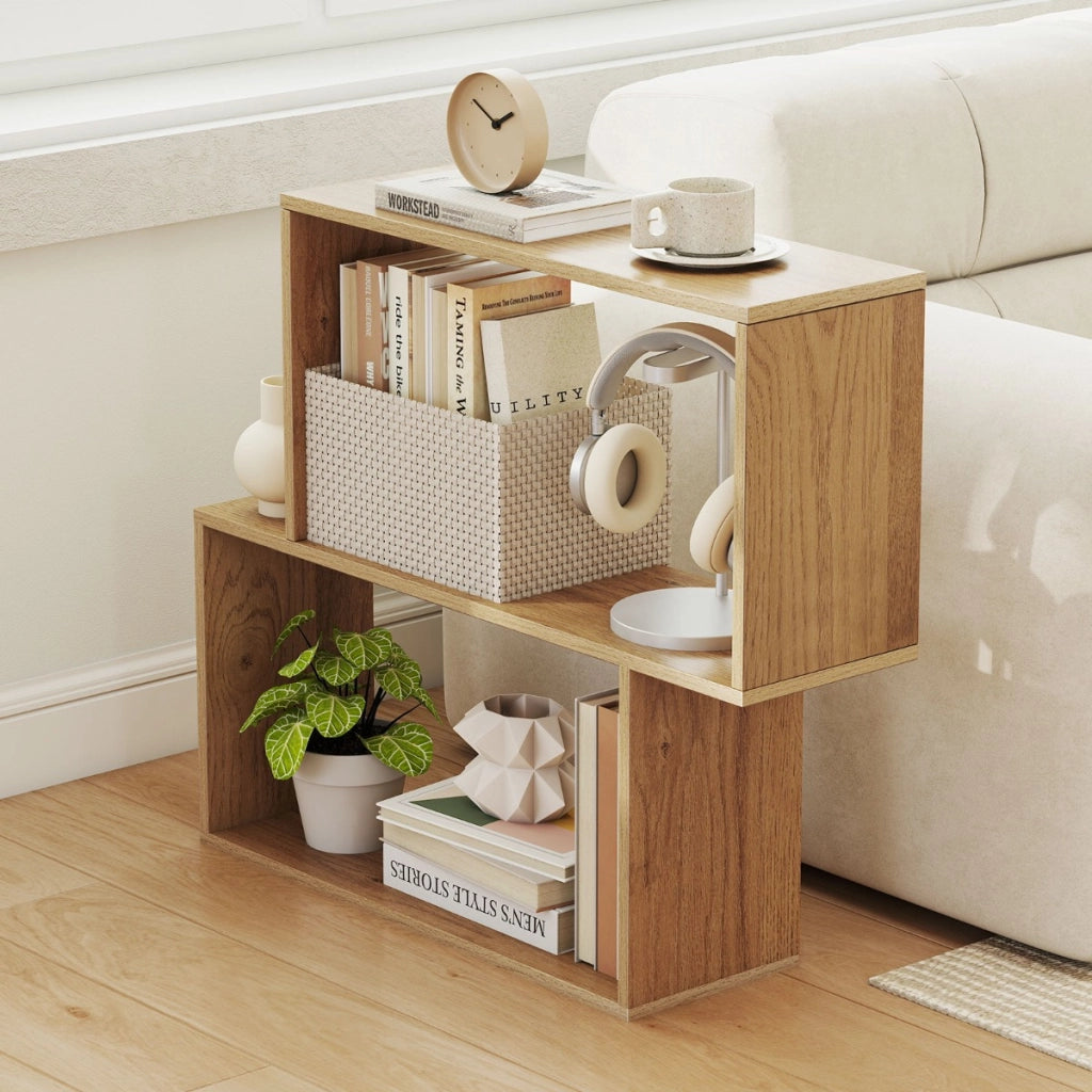 Libreria in legno autoportante con 2 scomparti cubici per esposizione e organizzazione, Libreria geometrica a 3 livelli Naturale
