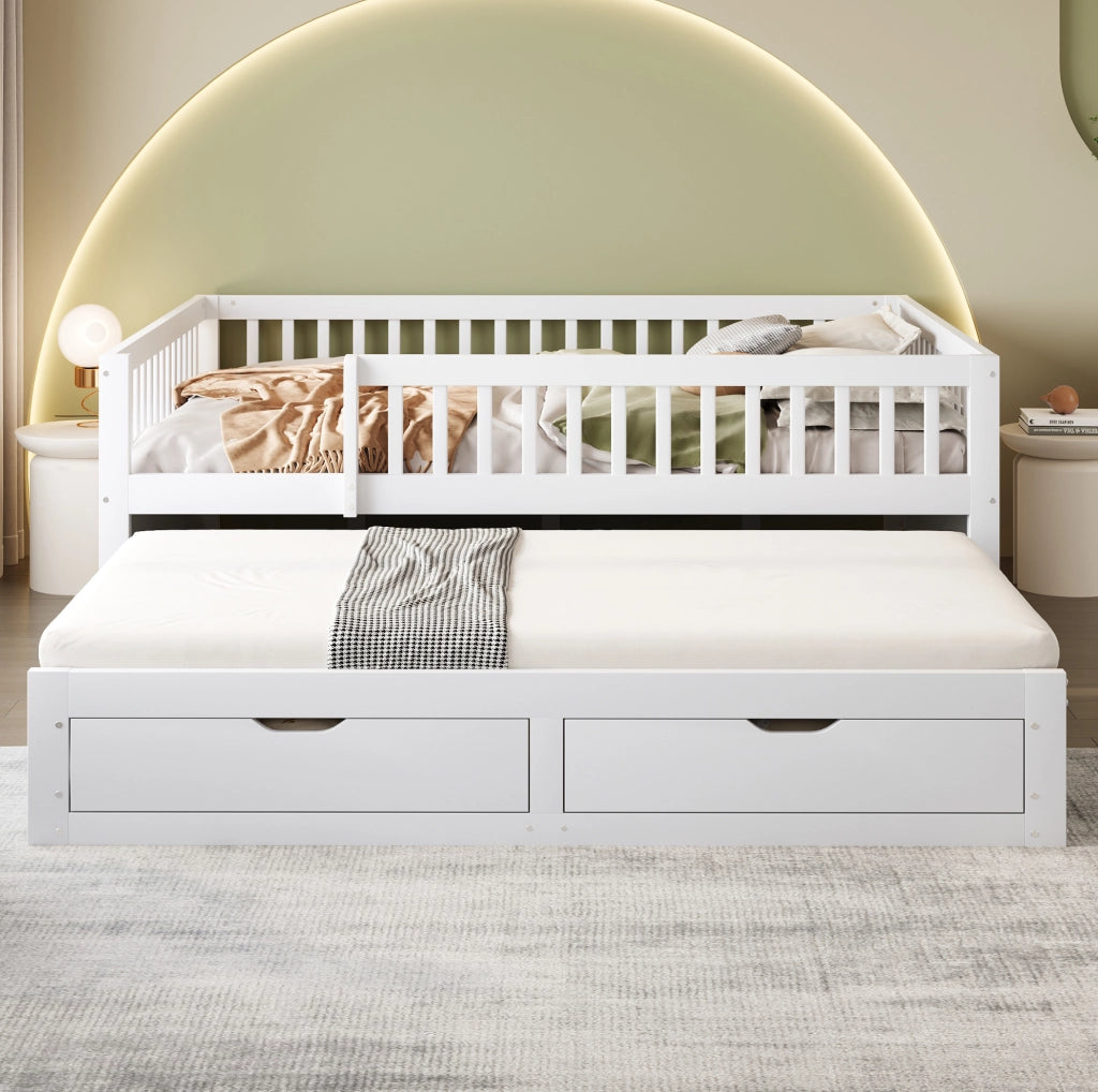 Divano letto 140x200 cm con letto estraibile; sponde di sicurezza e 2 cassetti in legno bianco