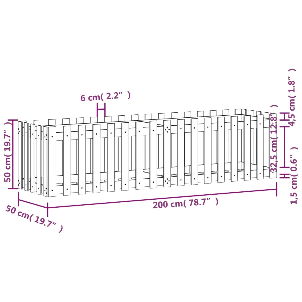 Fioriera Giardino a Recinzione-Vaso con Ringhiera-Contenitore per Piante Bianca 200x50x50cm Massello Pino