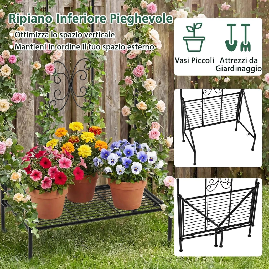 Traliccio per Rampicanti Metallo con Ripiano Pieghevole, Graticcio per Piante da Esterno, Griglia per Piante Rampicanti per Giardino, Cortile e Patio, 50 x 30 x 189,5 cm (Nero,2)